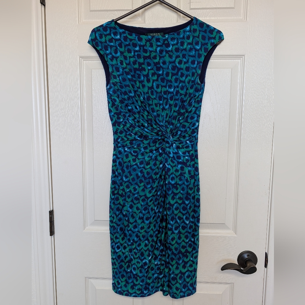 Lauren Ralph Lauren Womens Print Dress Mid Length Sleeveless Size 2P Blue Green